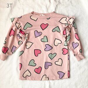 💙2/$25 H&M 3T Toddler Girls Hearts Ruffle Pink Thin Crewneck Sweatshirt Spring